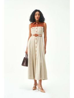 Notebook - Women Beige Collar Neck Solid Midi Dress