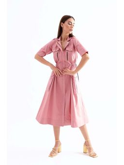 Notebook - Women Pink Notched Lapel Midi Dress