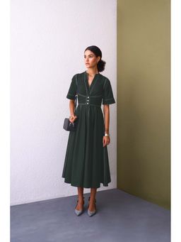 Notebook - Women Green Mandarin Neck Solid Midi Dress