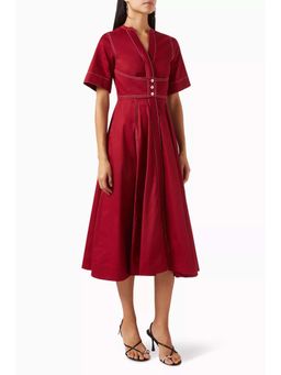 Notebook - Women Red Henley Neck Solid Midi Dress