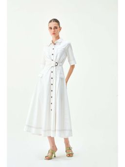Notebook - Women White Collar Neck Solid Midi Dress