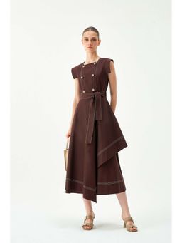 Notebook - Women Brown Square Neck Cap Sleeves Midi Dress