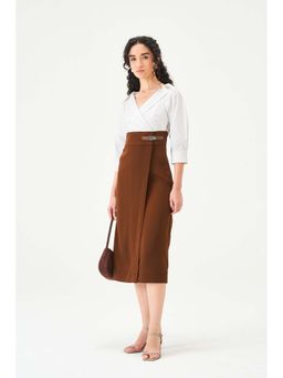 Notebook - Women Brown Notched Lapel Neck Midi Dress