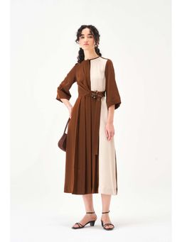 Notebook - Women Brown Crew Neck Colorblock Midi Dress