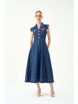 Notebook - Women Blue Notched Lapel Solid Midi Dress