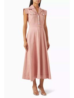 Notebook - Women Pink Notched Lapel Solid Midi Dress