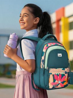 Genie - Girls Teal Auralis Floral Printed School Backpack with Pouch (5-8 Years)
