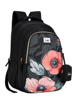 Genie - Girls Black Aurela Floral Printed School Backpack with Pouch (5-8 Years)