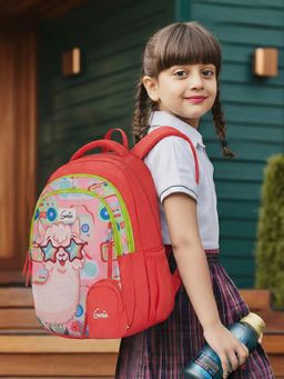 Genie - Girls Red Graphic Printed Llama Drama School Backpack with Pouch (5-8 Years)