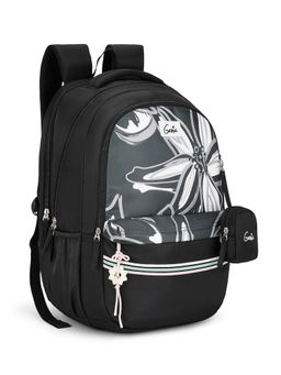 Genie - Girls Black Petals Floral Printed School Backpack with Pouch and Rain Cover (9-10 Years)