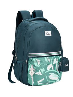 Genie - Girls Teal Petals Floral Printed School Backpack with Pouch and Rain Cover (9-10 Years)