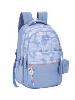 Genie - Girls Light Blue Quilsy Floral Printed School Backpack with Pouch and Rain Cover (5-8 Years)