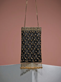 Gajra Gang - Black Mobile Phone Fringed Pouch with Gold Pita Work GGBAG01 (Free Size)