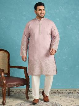 ETHNIC BAY - Mens Lavender Silk Blend Floral Thread Work Embroidered Kurta