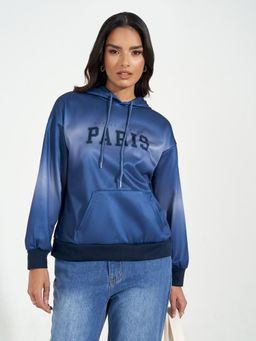Styli - Women Blue Regular Fit Paris Print Hooded Sweatshirt