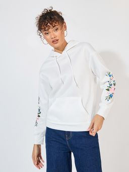 Styli - Women Off White Regular Fit Embroidered Sleeves Hooded Sweatshirt