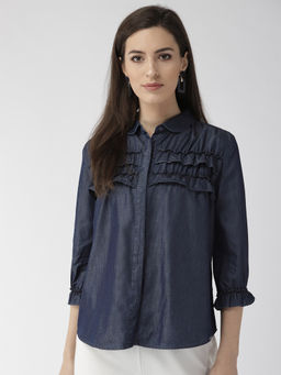 Xpose - Women Navy Blue Comfort Regular Fit Solid Denim Casual Shirt
