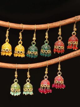 OOMPH - Combo of 5 Red, Pink, Yellow & Green Meenakari Jhumka Jhumki Earrings