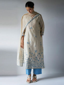 Ganga Fashions - Beige Woven Kurta Suit with Delicate Hand Work Detailing (Set of 3)
