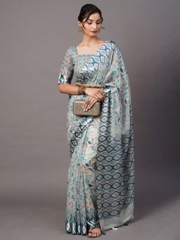 Akhilam - Women Cotton Blend Off White Printed Designer Saree with Unstitched Blouse Piece