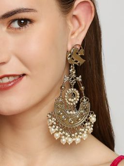 OOMPH - Gold Tone Pearls & Stones Peacock Design Long Chandbali Earrings
