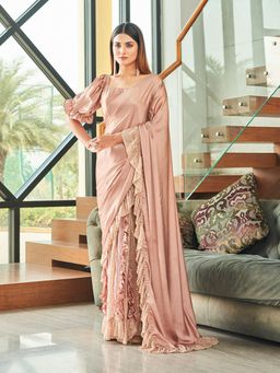 Tikhi Imli - Metallic Colored Polyester Satin Sequinned Saree with Ruffles with Unstitched Blouse