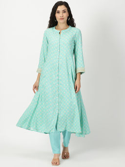 Saffron Threads - Sea Green Floral Print Button-Down Kurta with Embroidery Border
