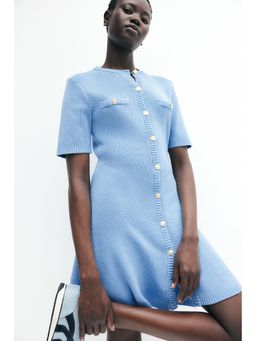 H&M - Women Blue Rib-Knit Button-Front Dress