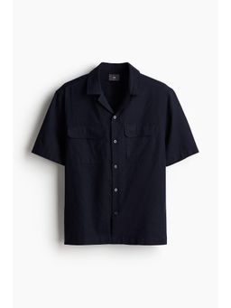 H&M - Men Blue Regular Fit Linen-Blend Utility Shirt