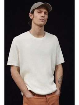 H&M - Men White Regular Fit Rib-Knit T-Shirt