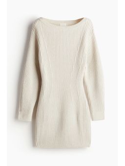 H&M - Women White Rib-Knit Boat-Neck Dress