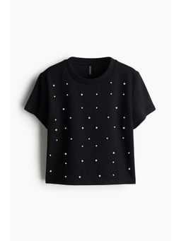 H&M - Women Black Bead-Embellished T-Shirt