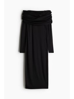 H&M - Women Black Fold Over-Edge Off-The-Shoulder Dress