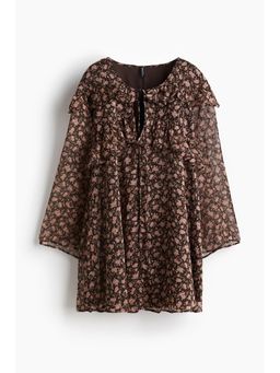 H&M - Women Brown Frill-Trimmed Chiffon Tunic Dress