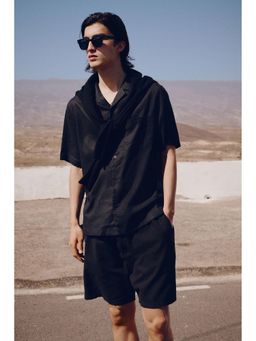 H&M - Men Black Regular Fit Short-Sleeved Linen-Blend Shirt