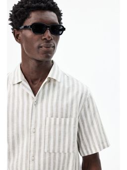 H&M - Men Green Regular Fit Short-Sleeved Linen-Blend Shirt