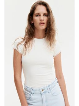 H&M - Women White Lace-Trimmed Ribbed T-Shirt