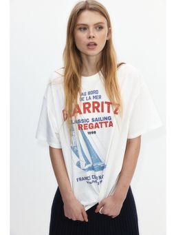 H&M - Women White Oversized Motif-Detail T-Shirt