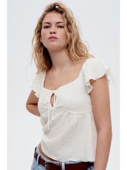 H&M - Women White Crinkled Flutter-Sleeved Top