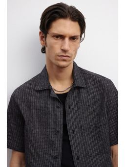 H&M - Men Black Regular Fit Linen-Blend Resort Shirt