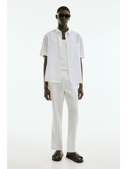 H&M - Men White Regular Fit Short-Sleeved Linen-Blend Shirt