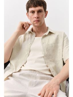 H&M - Men Beige Regular Fit Short-Sleeved Linen-Blend Shirt