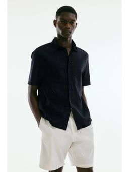 H&M - Men Blue Regular Fit Short-Sleeved Linen-Blend Shirt