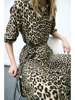 H&M - Women Beige Tie-Belt Viscose Shirt Dress