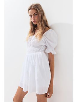 H&M - Women White Frill-Trimmed Crape Dress