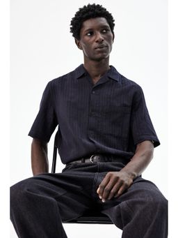 H&M - Men Blue Regular Fit Linen-Blend Resort Shirt