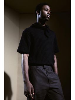 H&M - Men Black Regular Fit Crochet-Look T-Shirt