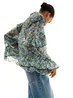 H&M - Women Blue Flounced Chiffon Blouse