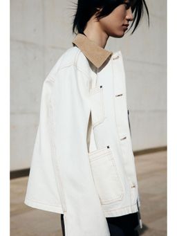 H&M - Women White Corduroy-Collar Denim Jacket