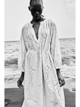 H&M - Women Beige Broderie Anglaise Tie-Belt Dress